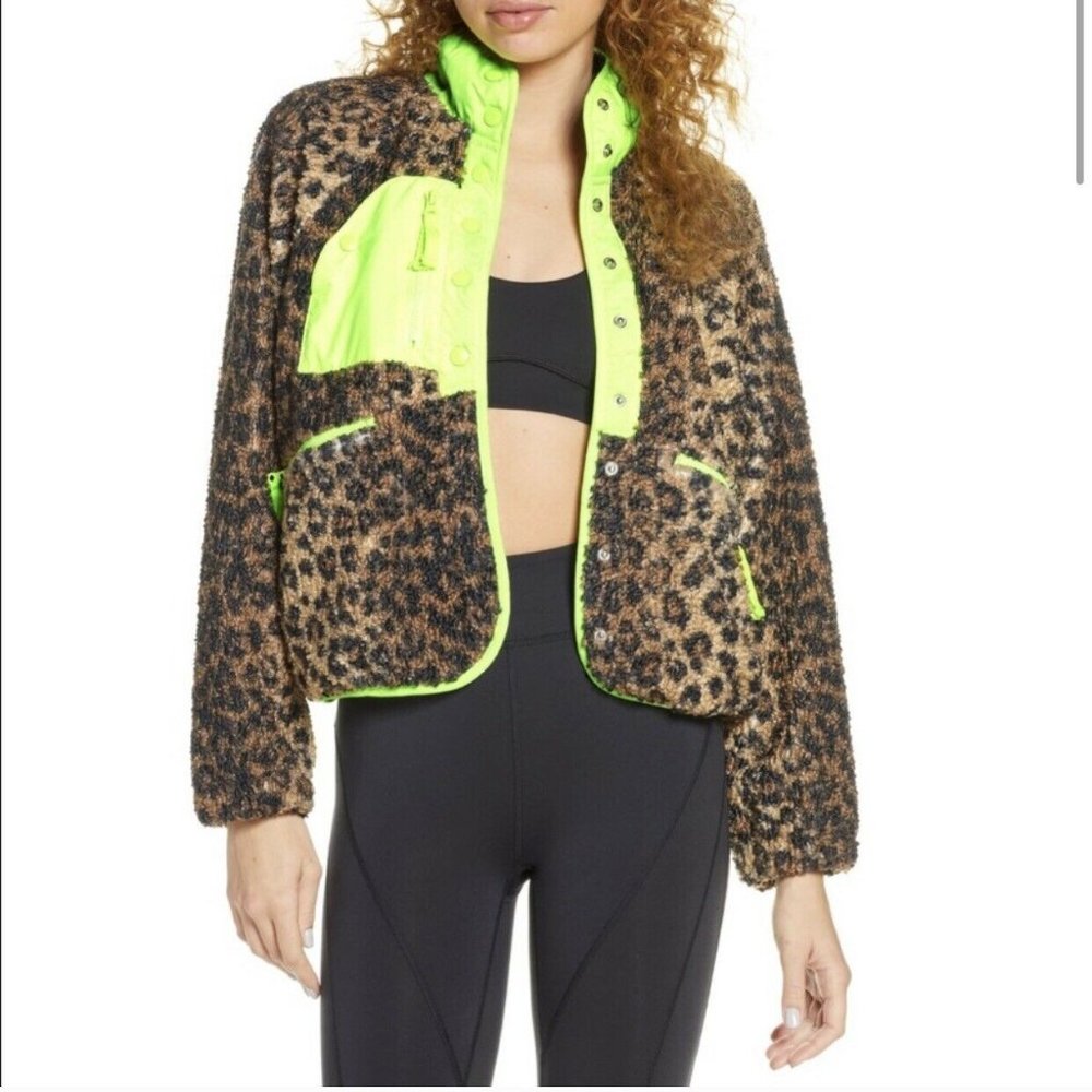 Free People Leopard Sherpa Jacket with Neon Yellow Trim